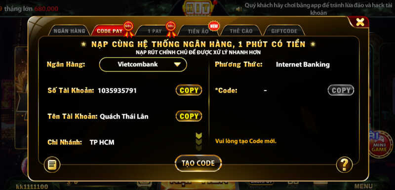 Nạp rút nhanh chóng tại Hit Club