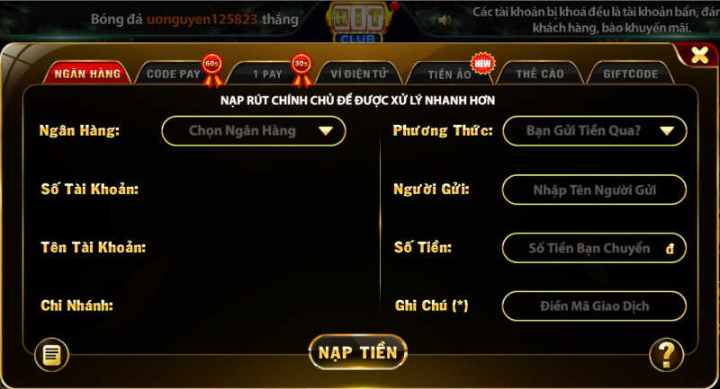 Đa dạng các hình thức nạp tiền tại cổng game Hit Club